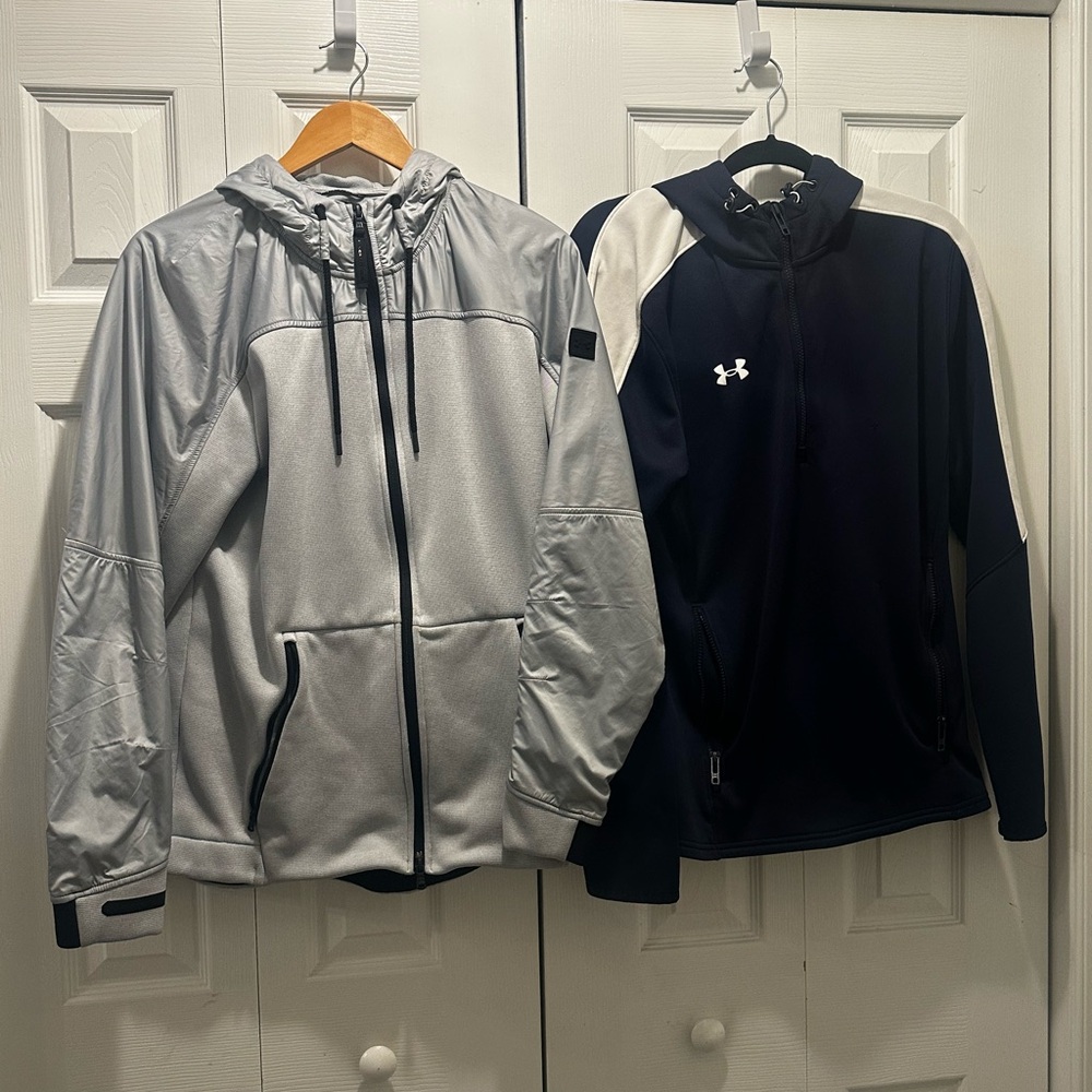Men's gray and navy pair of hoodies